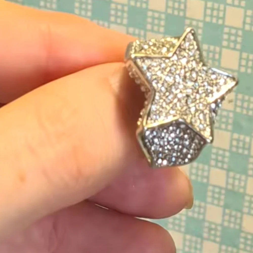 Unisex Blinged Out Silver Geometric Star Ring Sz 10